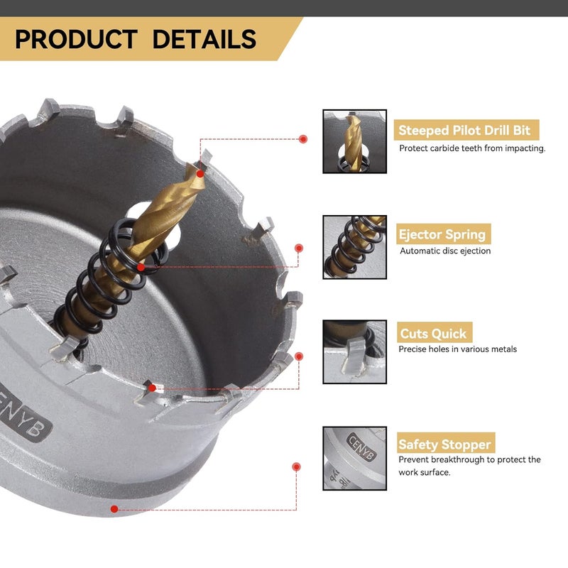 cenyb 5" (127mm) Tungsten Carbide Tipped Hole Saw with 2Pcs Titanium-Plated Pilot Drill Bits for Hard Metal,Stainless Steel,Iron,Aluminum Alloy,Wood and Plastic - Image 4